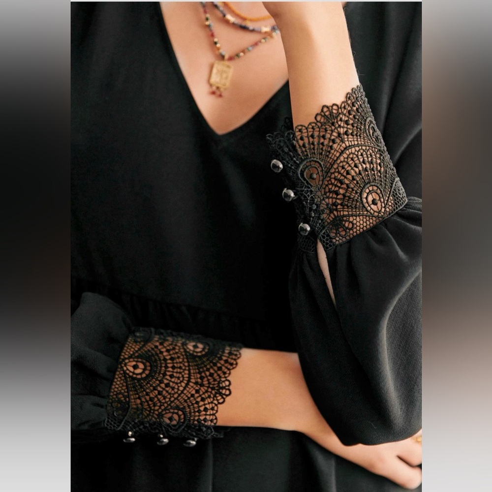 Sézane Aurena Black Lace Cuff Sleeve Dress S